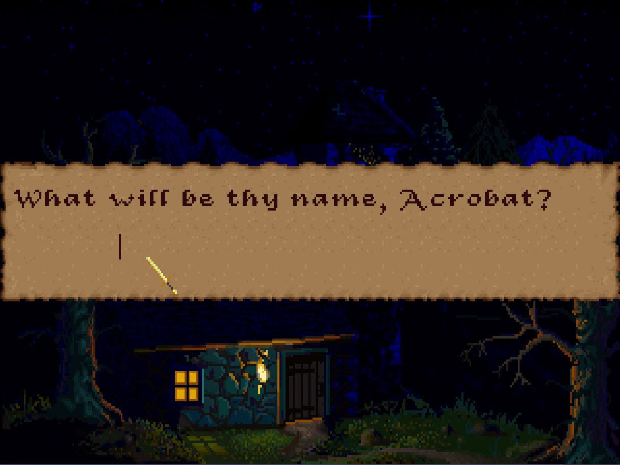 Arena Rebuilt character creation name prompt over the nighttime cottage scene