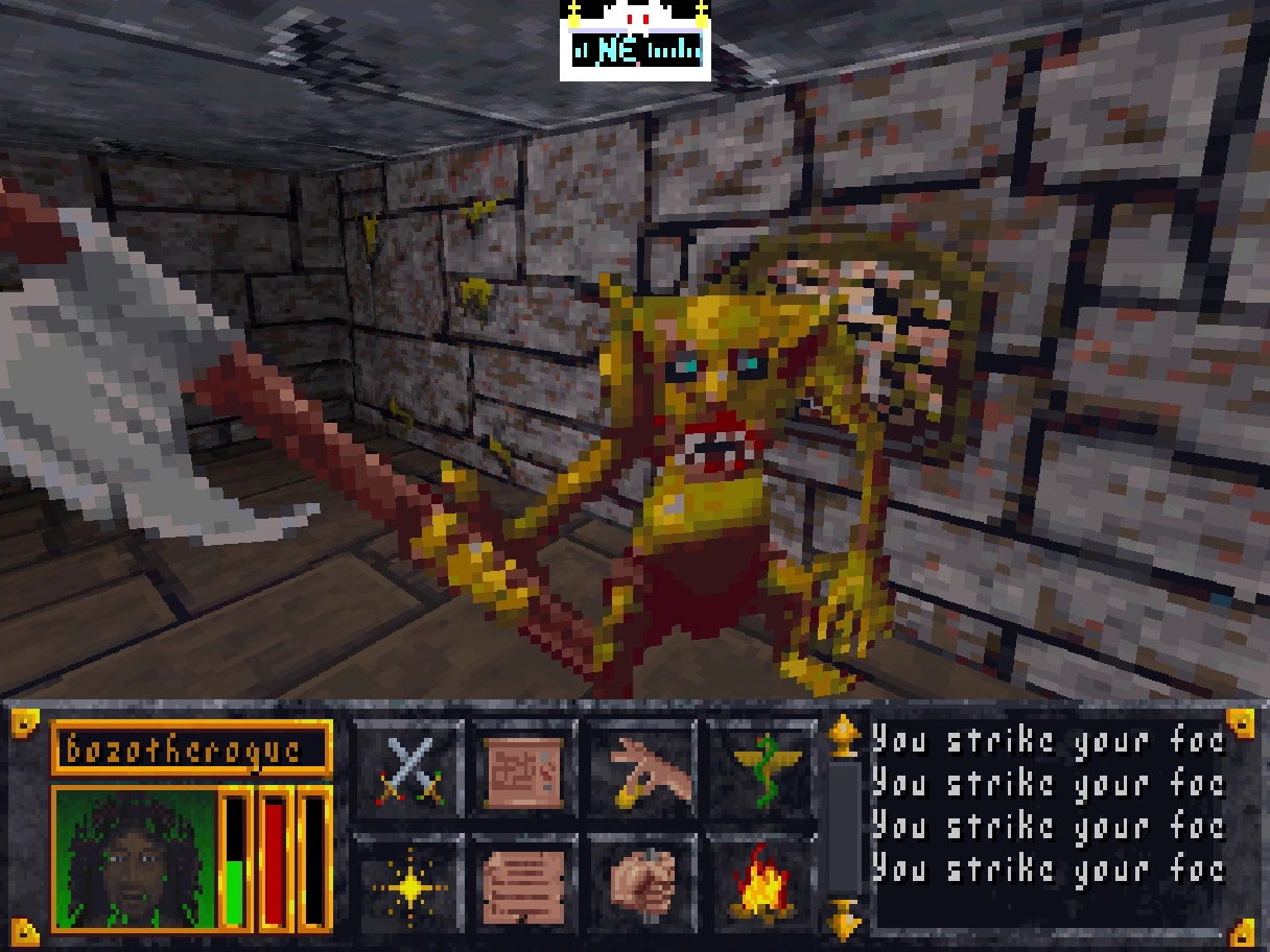 First-person combat with a goblin in the reconstructed Arena starting dungeon