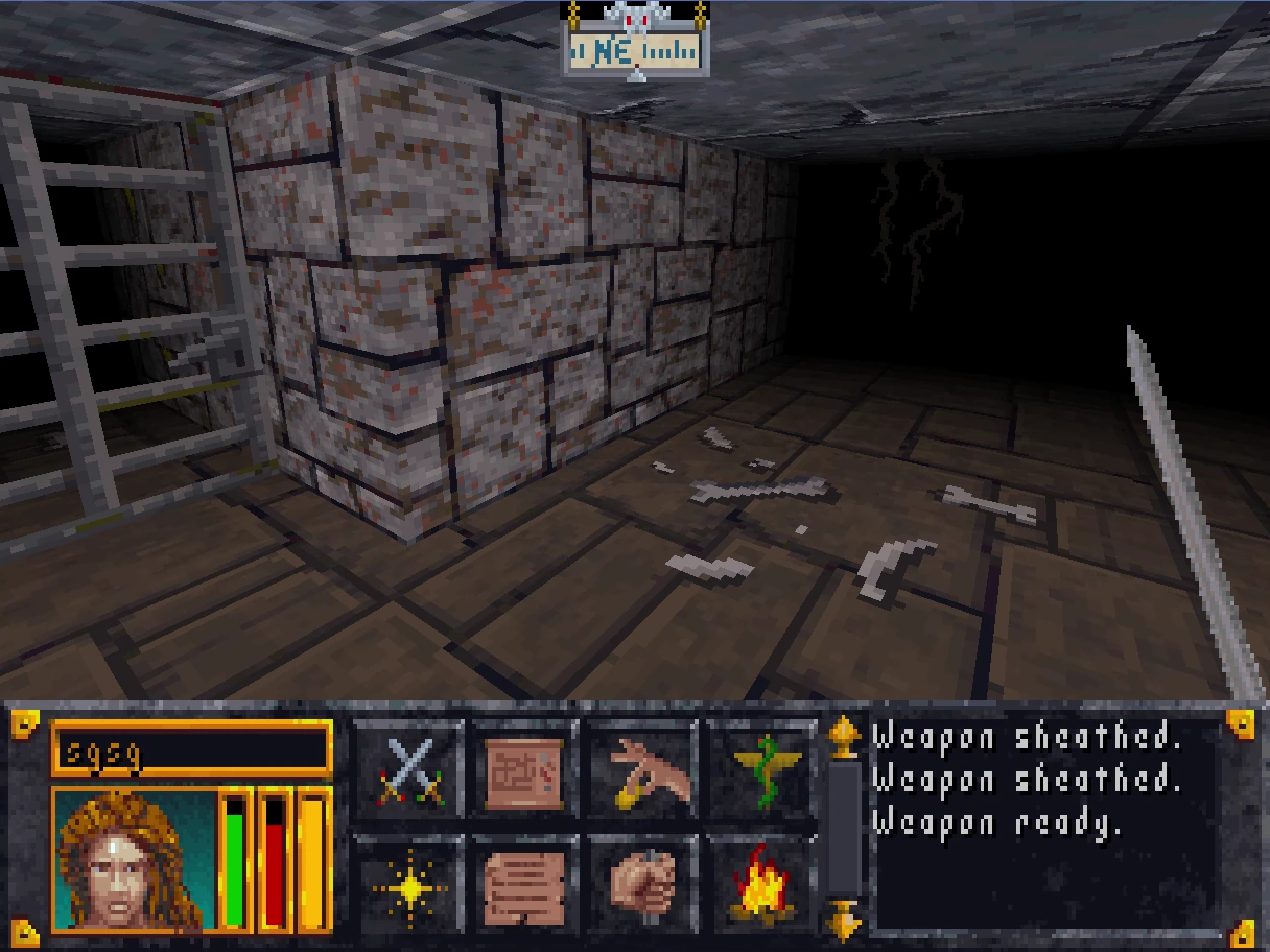 First-person exploration in the reconstructed Arena starting dungeon with the complete HUD