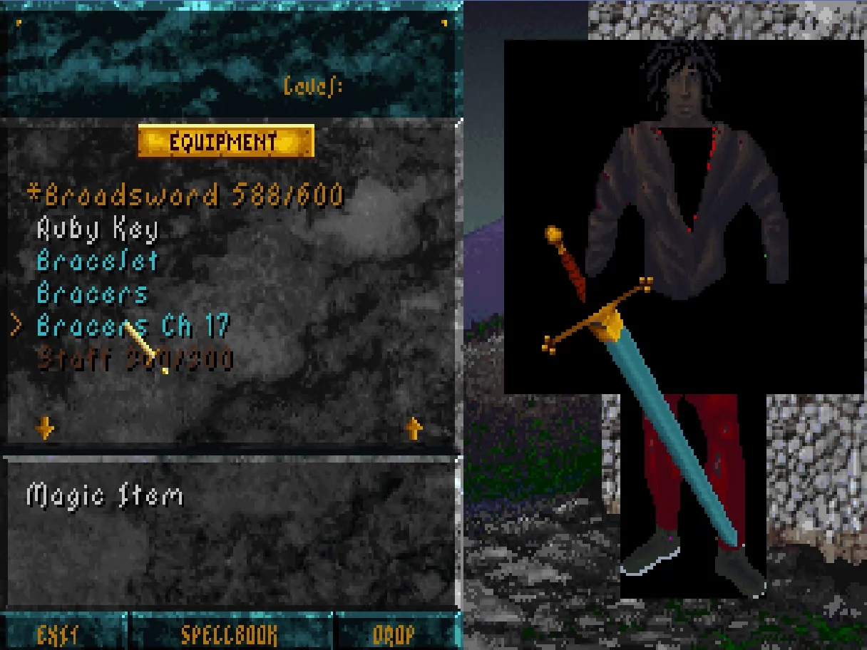 Arena Rebuilt equipment screen showing a character and equipped sword